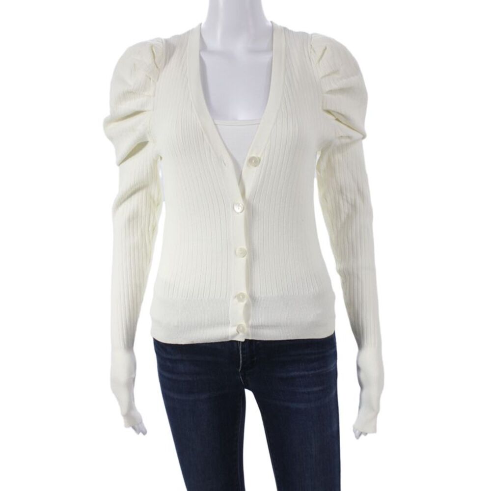 Autumn Cashmere Womens White Striped V-Neck Cardigan Button Size S